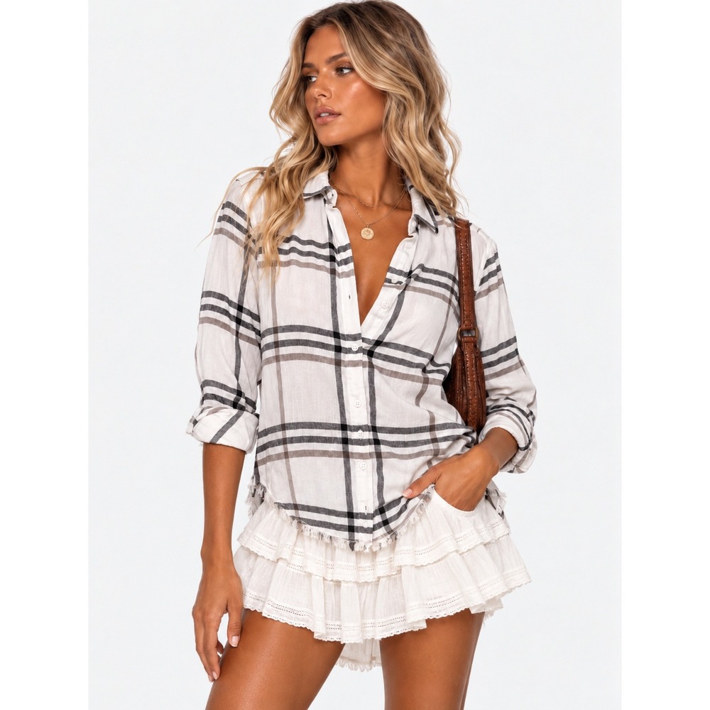 Cloth & Stone Plaid Button Down Shirt White Black Frayed Hem XS NWOT New